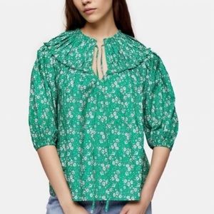 Floral Pleated Bib Blouse Green Floaty Puff Sleeves Top Shop NWOT Size 6